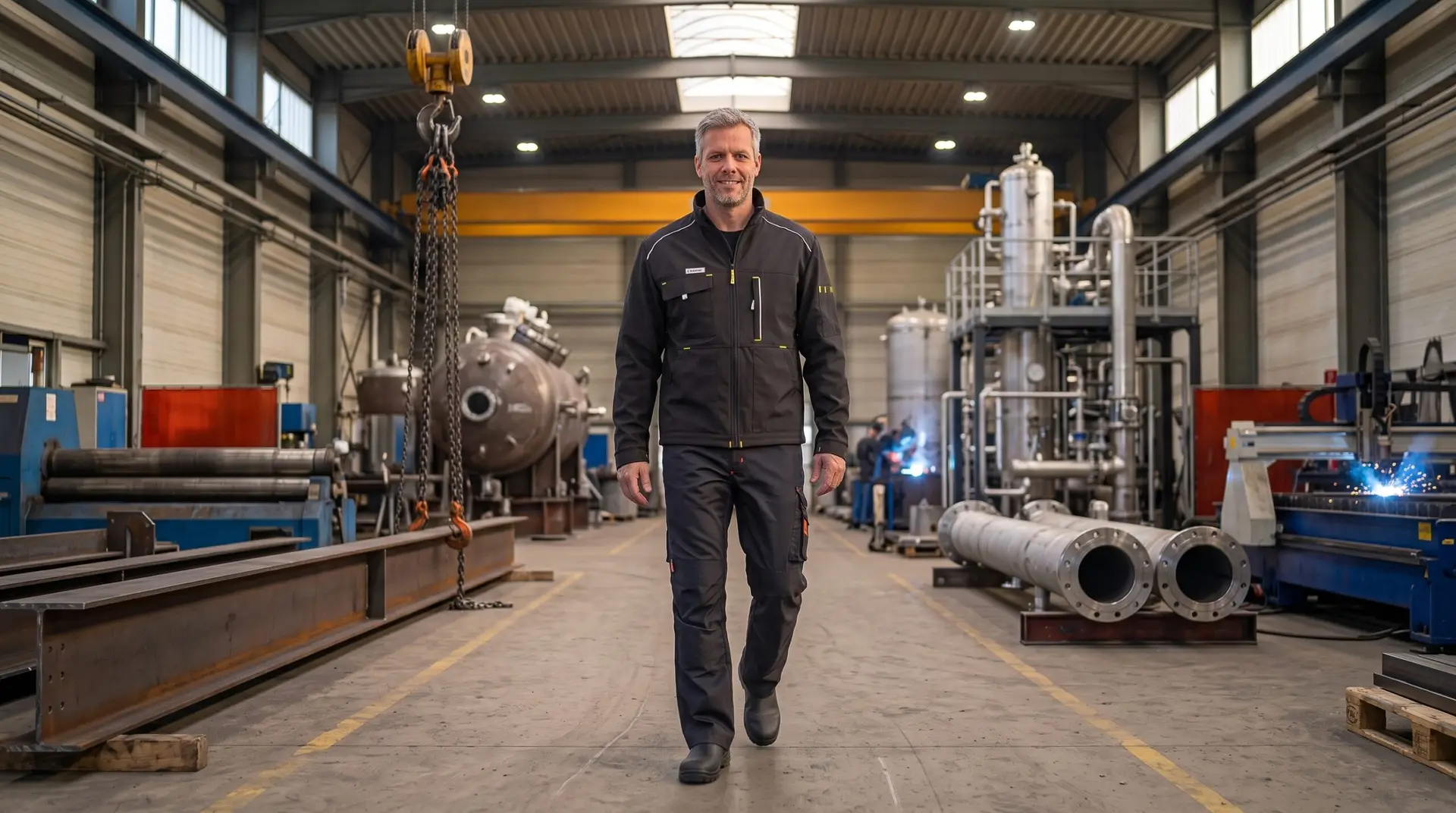Mann in einer Industriehalle trägt Black Line Arbeitskleidung