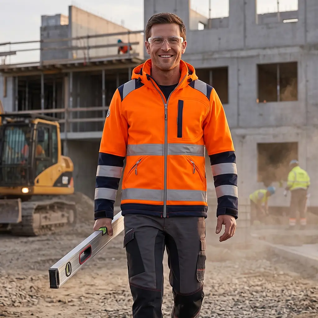 Mann auf Baustelle trägt Warnschutz Softshelljacke